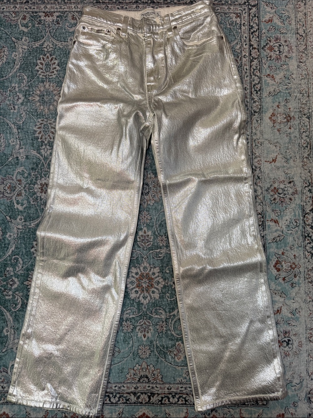 Women’s Abercrombie and Fitch Metallic Silver Straight-Leg pants